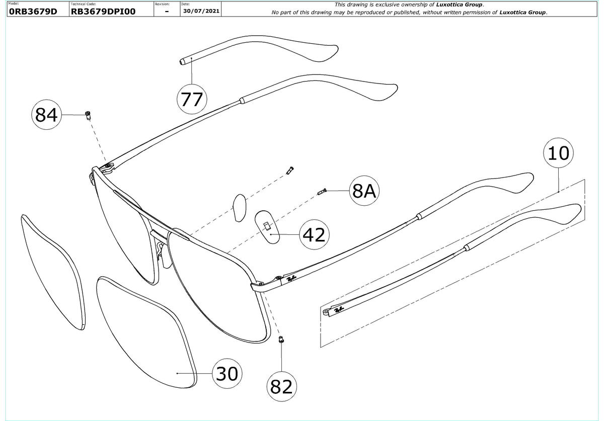 Exploded technical drawing of the Ray-Ban RB3679D Replacement Parts, with each replacement part numbered