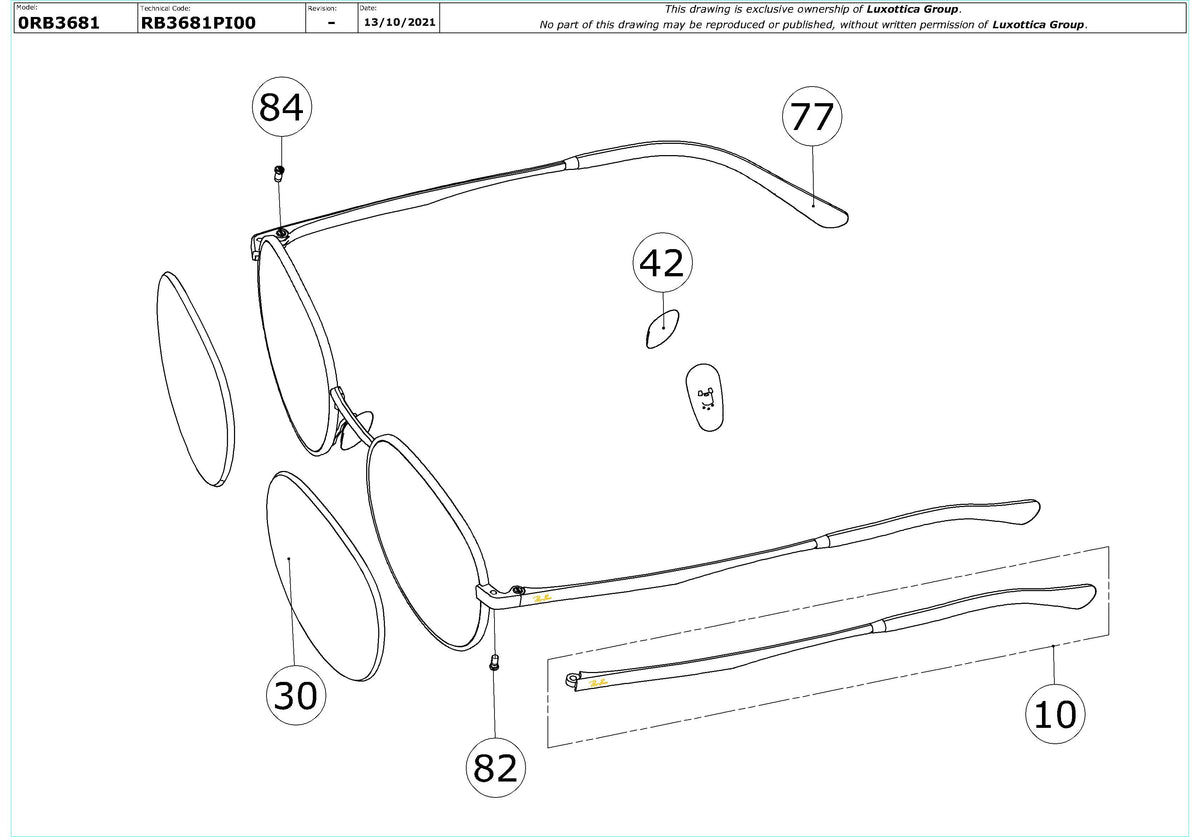 Enlarged technical drawing of the Ray-Ban RB3681 Replacement Parts