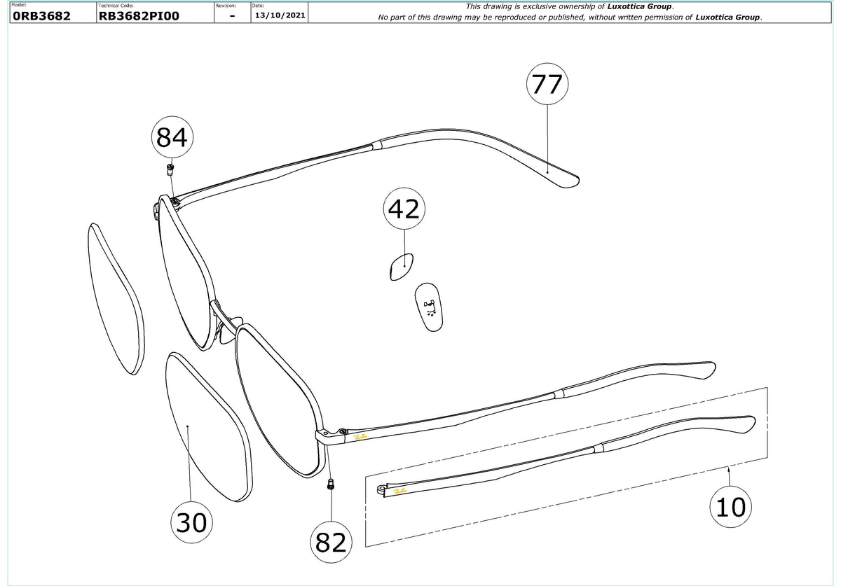 Enlarged technical drawing of the Ray-Ban RB3682 Replacement Parts