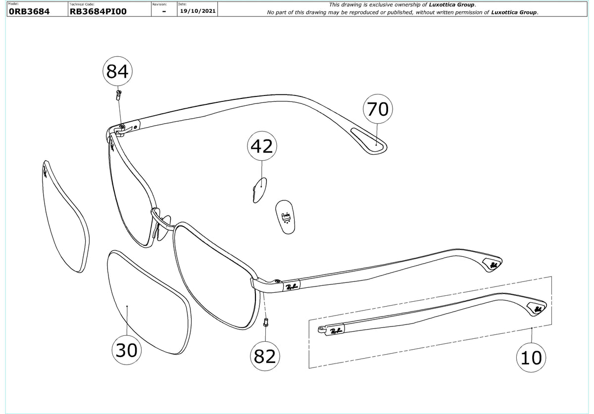Exploded technical drawing of the Ray-Ban RB3684 Replacement Parts, with each replacement part numbered