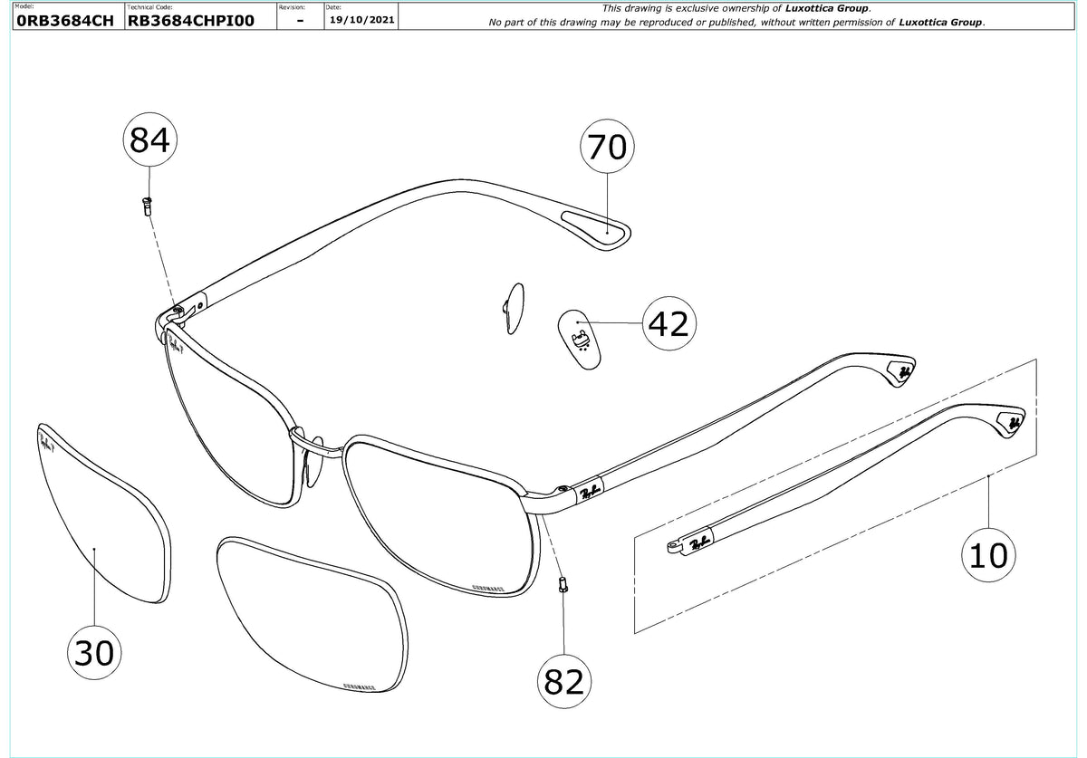Enlarged technical drawing of the Ray-Ban RB3684CH Replacement Parts