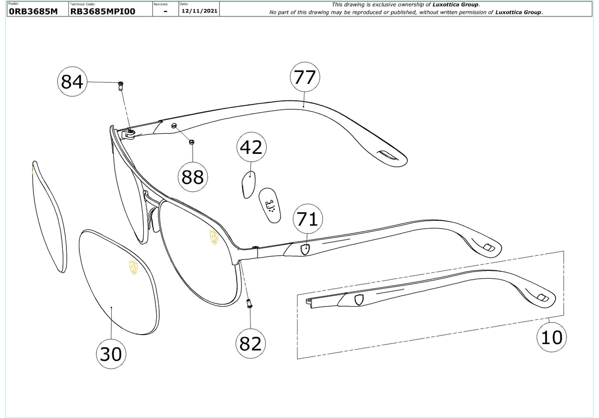 Enlarged technical drawing of the Ray-Ban RB3685M Replacement Parts