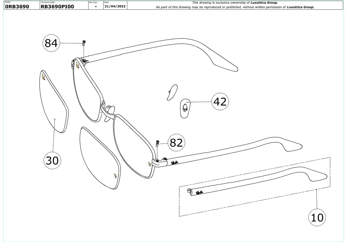 Enlarged technical drawing of the Ray-Ban RB3690 Replacement Parts