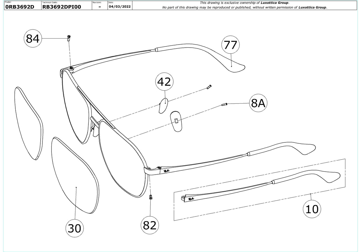 Enlarged technical drawing of the Ray-Ban RB3692D Replacement Parts
