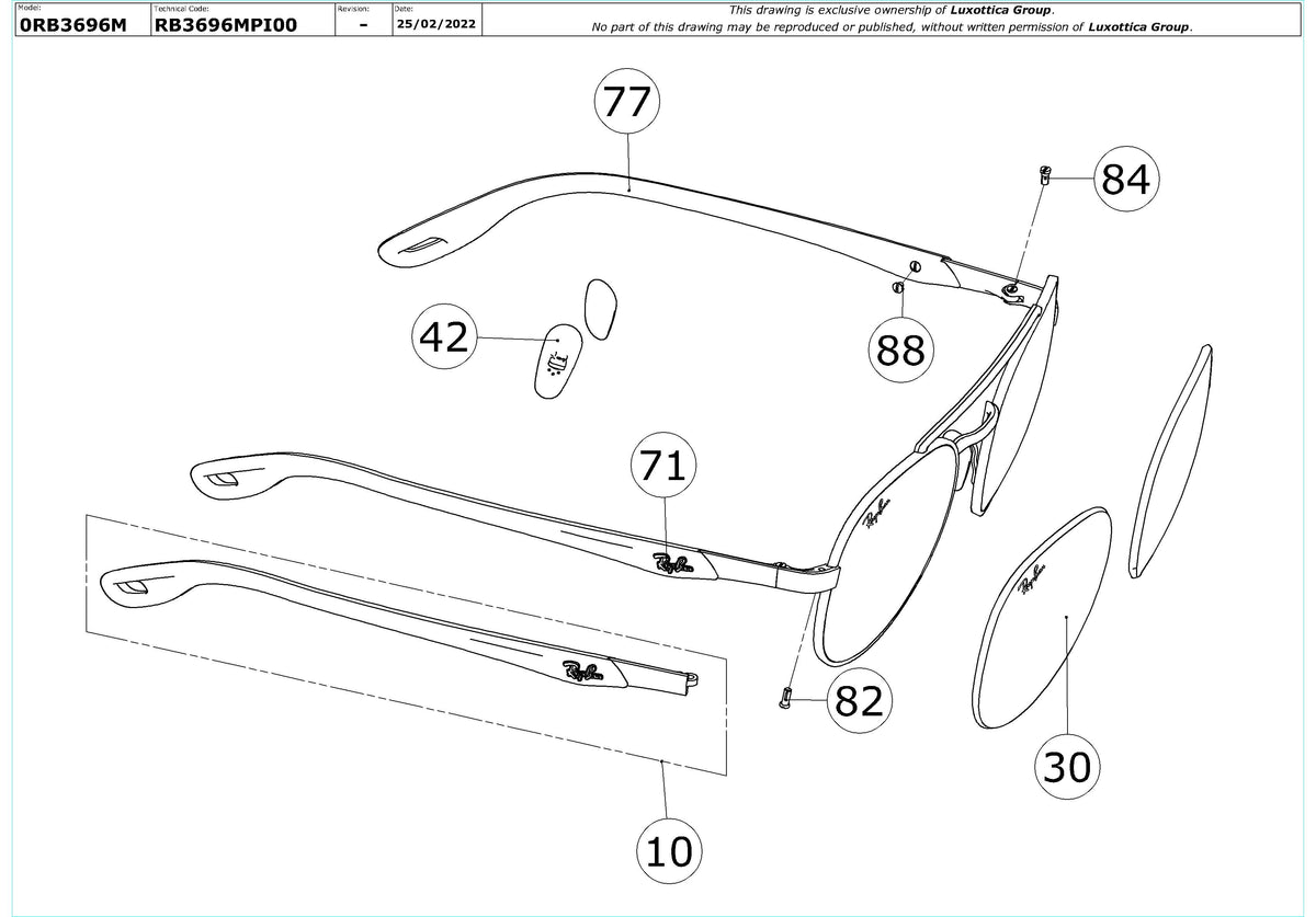 Enlarged technical drawing of the Ray-Ban RB3696M Replacement Parts