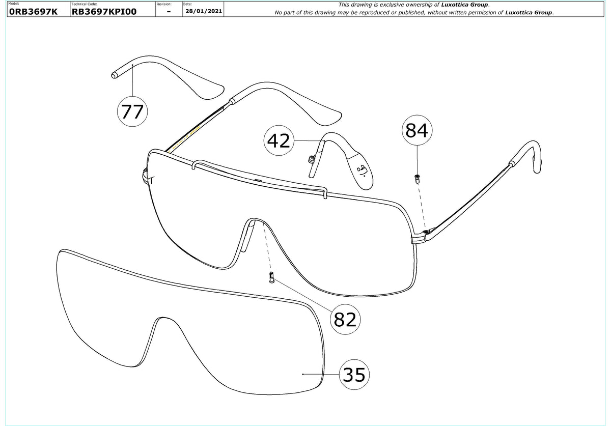 Exploded technical drawing of the Ray-Ban RB3697K Replacement Parts, with each replacement part numbered