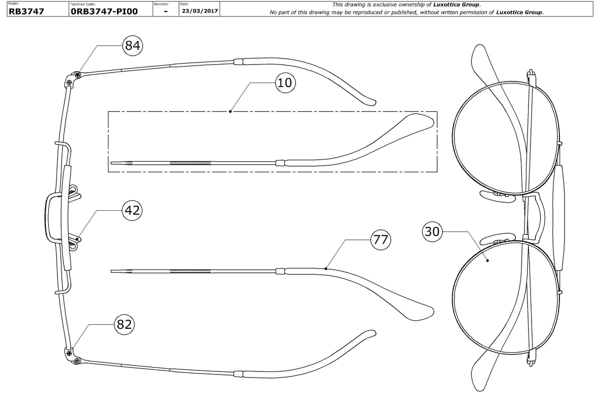 Enlarged technical drawing of the Ray-Ban RB3747 Replacement Parts