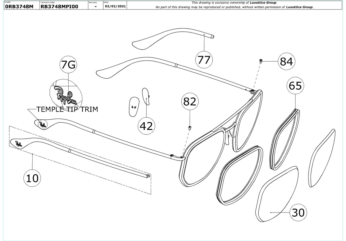 Exploded technical drawing of the Ray-Ban RB3748M Replacement Parts, with each replacement part numbered