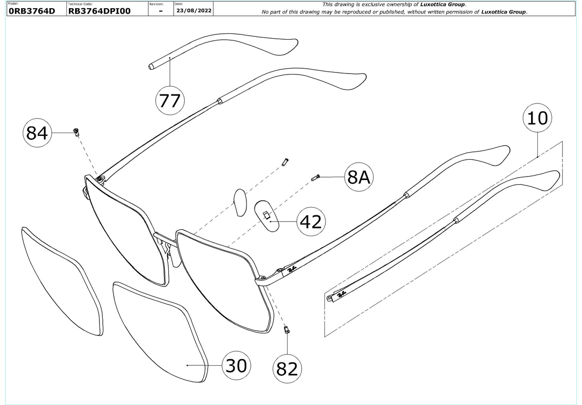 Enlarged technical drawing of the Ray-Ban RB3764D Replacement Parts