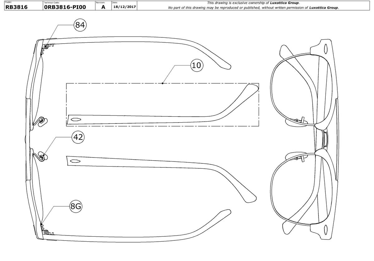 Enlarged technical drawing of the Ray-Ban Clubmaster Doublebridge RB3816 Replacement Parts