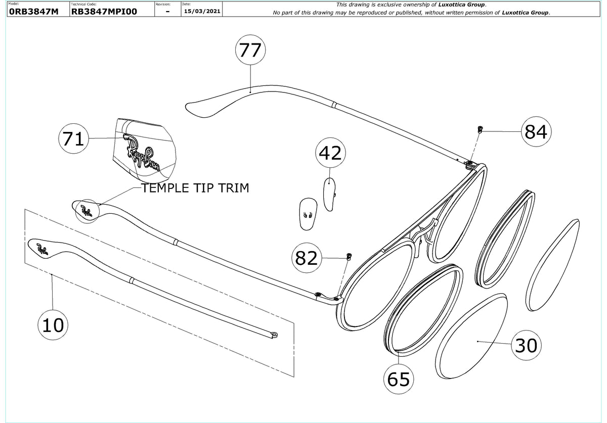 Enlarged technical drawing of the Ray-Ban RB3847M Replacement Parts