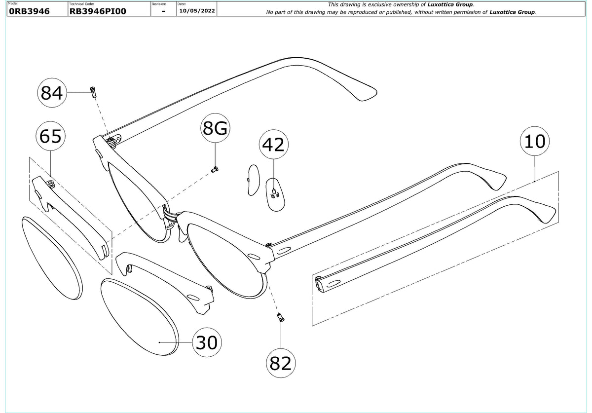 Exploded technical drawing of the Ray-Ban Clubmaster Oval RB3946 Replacement Parts, with each replacement part numbered