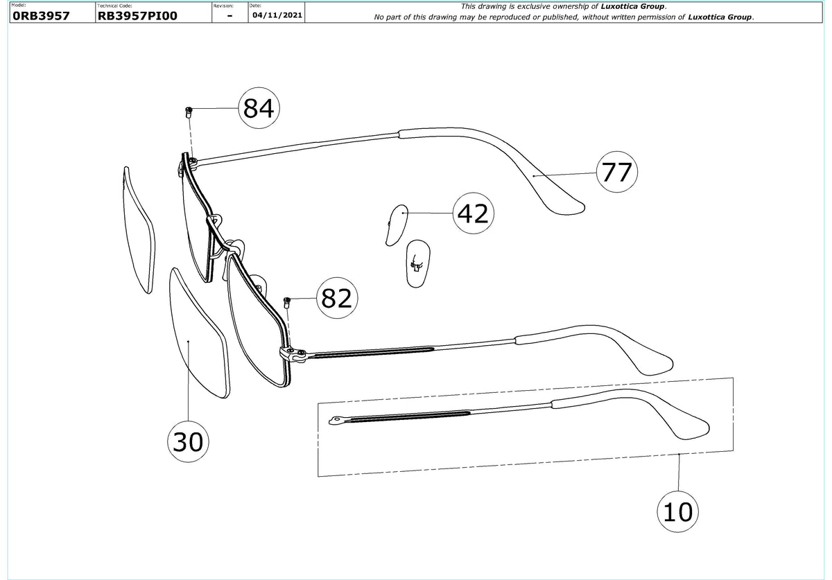 Exploded technical drawing of the Ray-Ban Julie RB3957 Replacement Parts, with each replacement part numbered