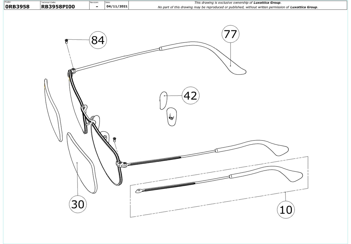 Enlarged technical drawing of the Ray-Ban Elon RB3958 Replacement Parts