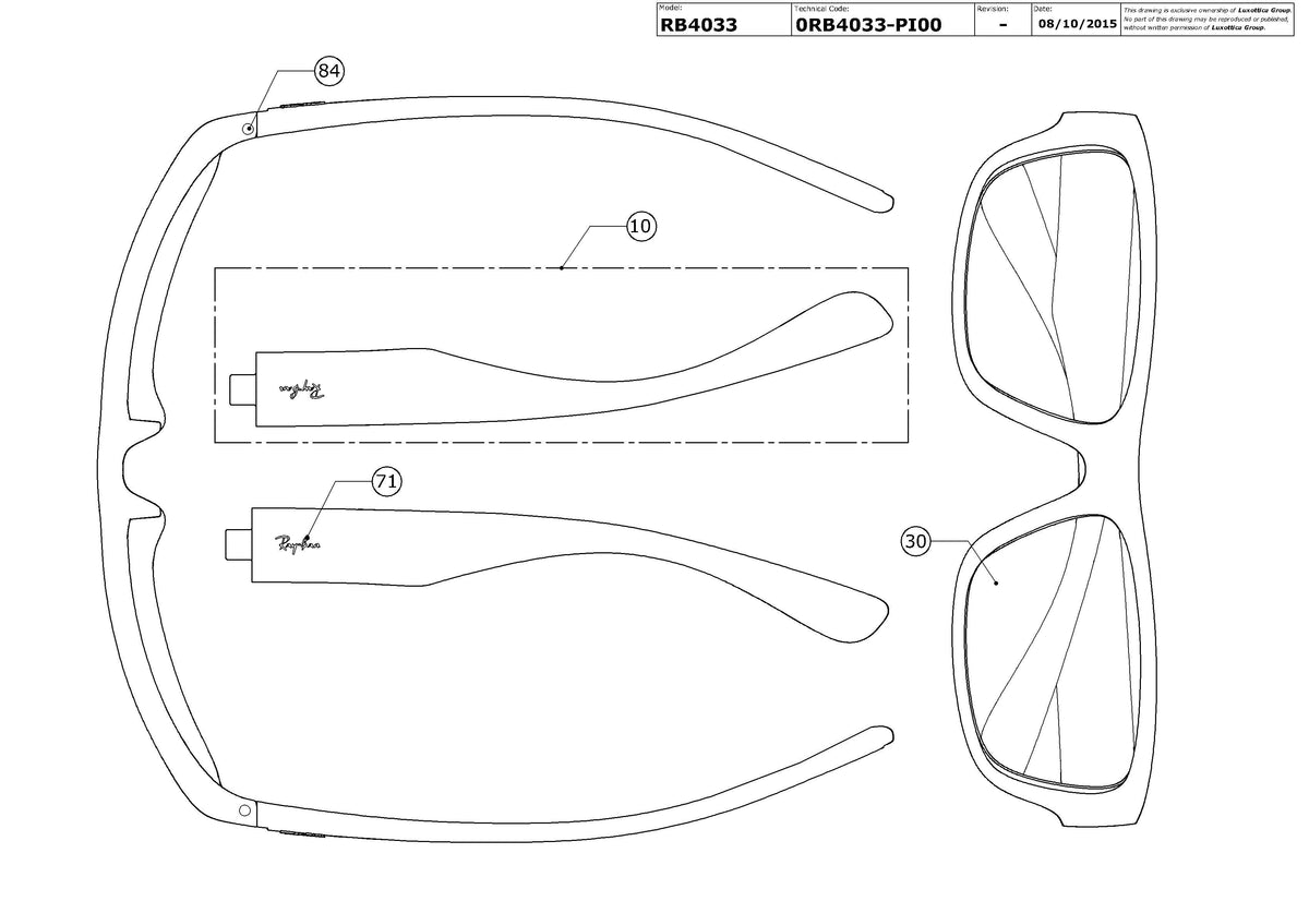 Exploded technical drawing of the Ray-Ban RB4033 Replacement Parts, with each replacement part numbered