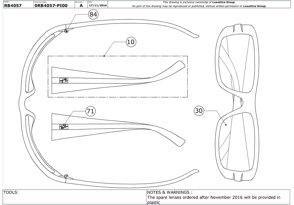 Exploded technical drawing of the Ray-Ban RB4057 Replacement Parts, with each replacement part numbered