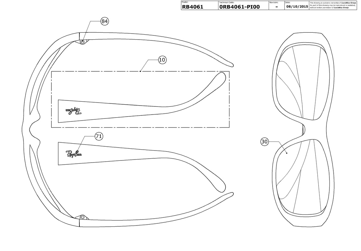 Exploded technical drawing of the Ray-Ban RB4061 Replacement Parts, with each replacement part numbered