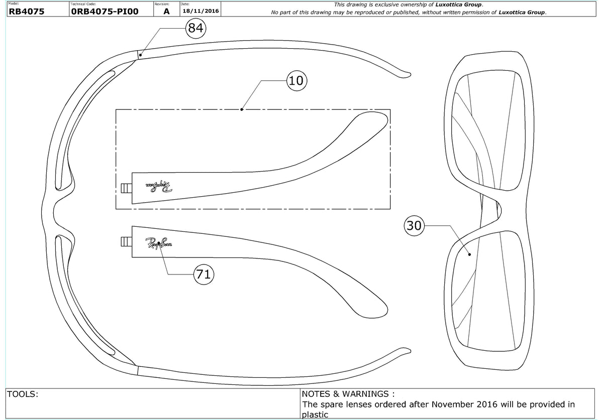 Enlarged technical drawing of the Ray-Ban RB4075 Replacement Parts