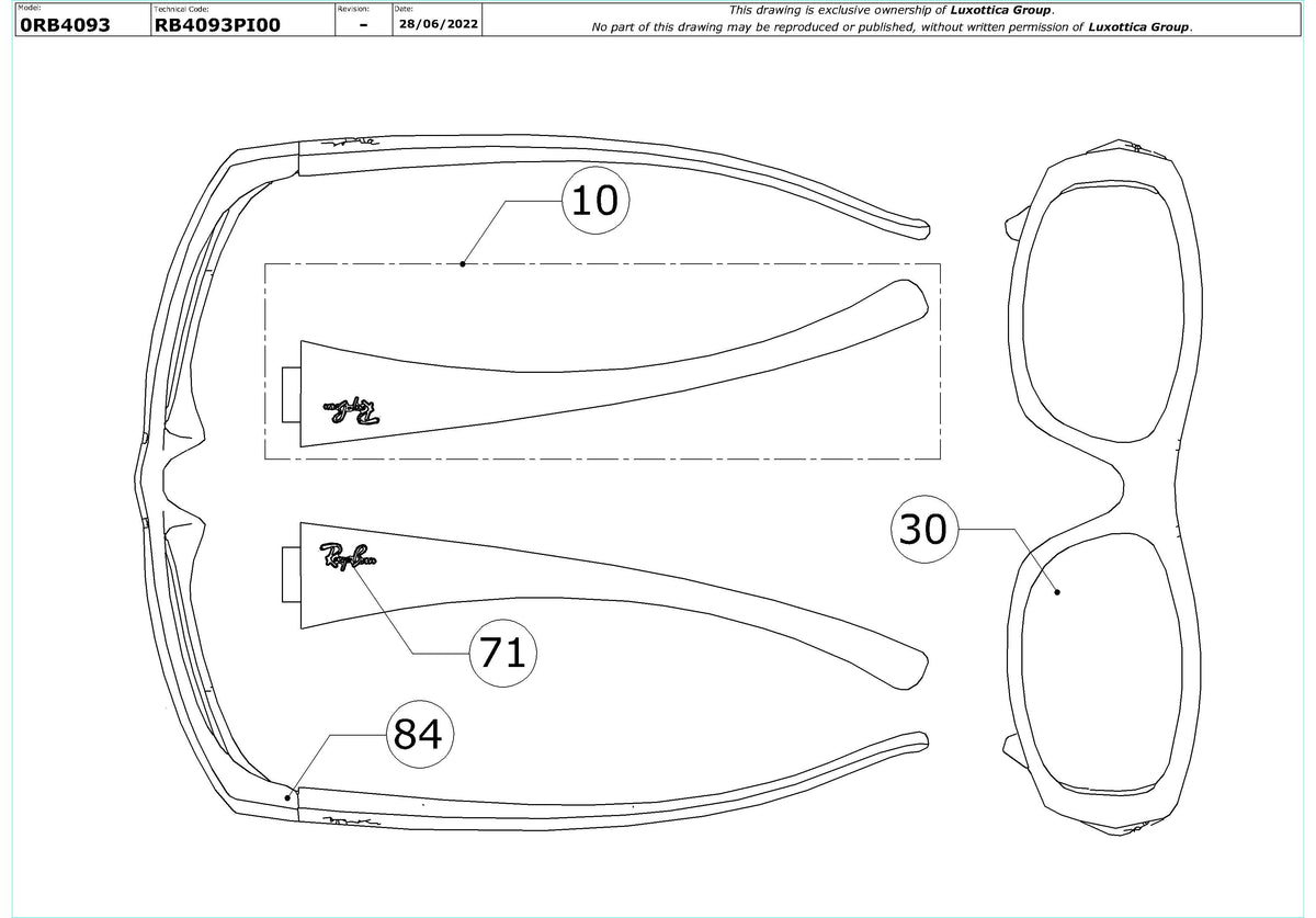 Exploded technical drawing of the Ray-Ban RB4093 Replacement Parts, with each replacement part numbered