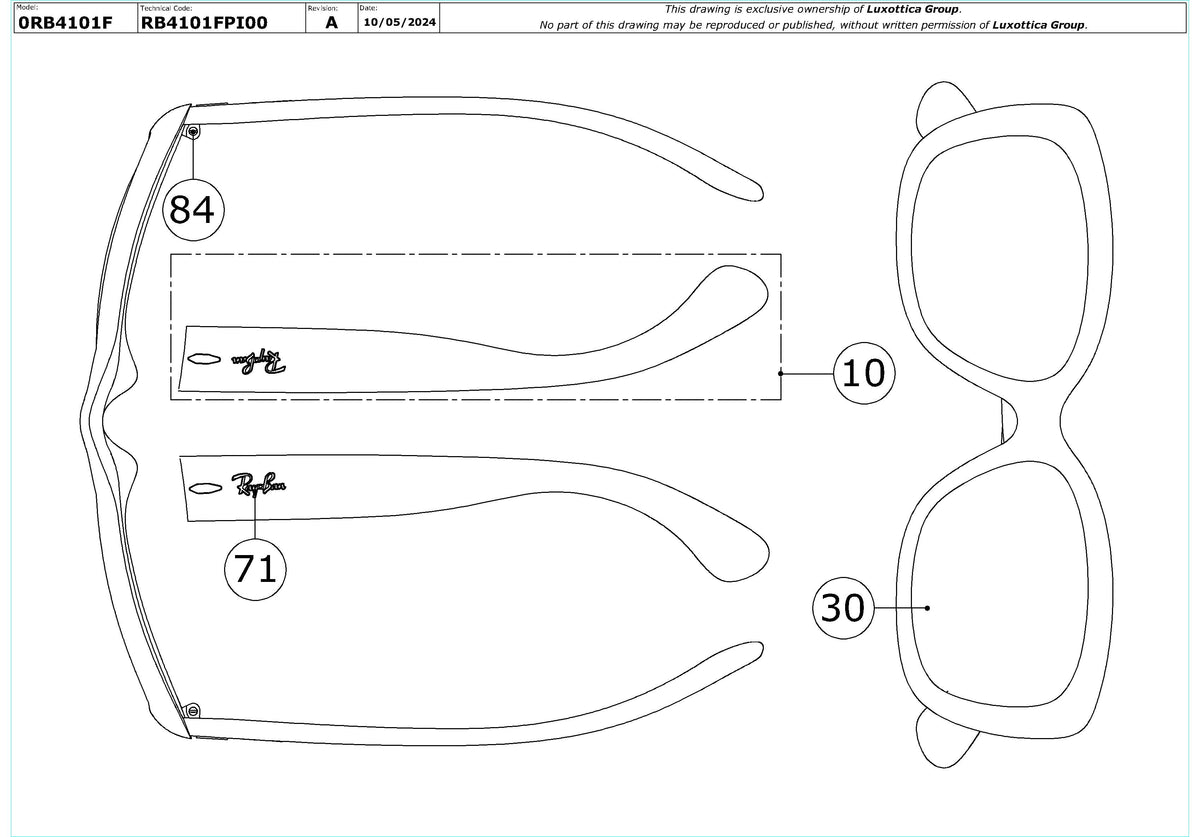 Exploded technical drawing of the Ray-Ban Jackie Ohh RB4101F Replacement Parts, with each replacement part numbered