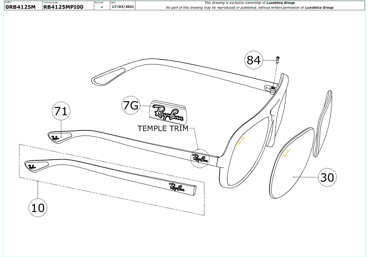 Enlarged technical drawing of the Ray-Ban RB4125M Replacement Parts