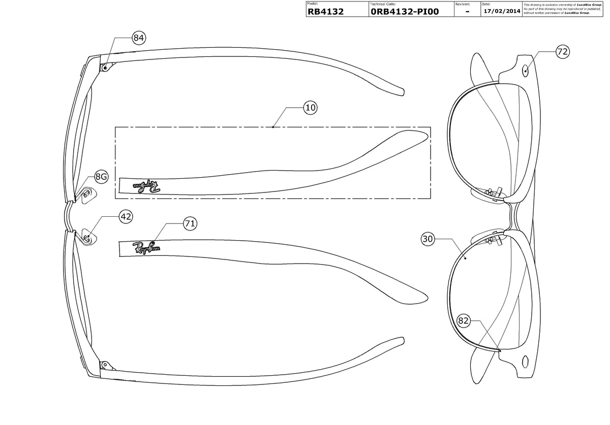 Enlarged technical drawing of the Ray-Ban Cathy Clubmaster RB4132 Replacement Parts