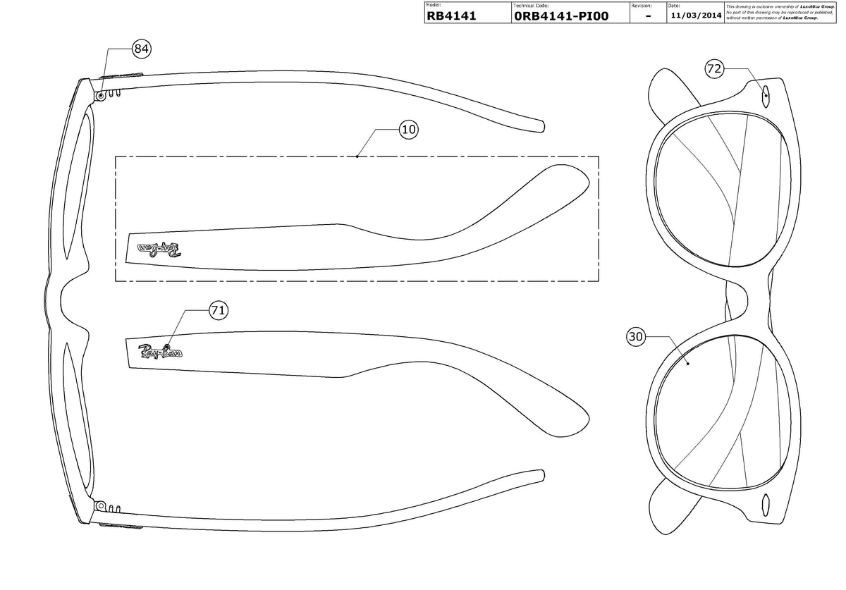 Exploded technical drawing of the Ray-Ban RB4141 Replacement Parts, with each replacement part numbered