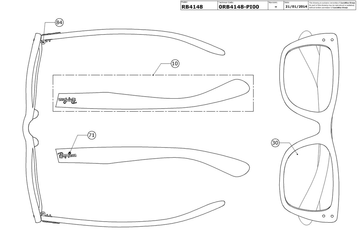 Exploded technical drawing of the Ray-Ban Caribbean RB4148 Replacement Parts, with each replacement part numbered