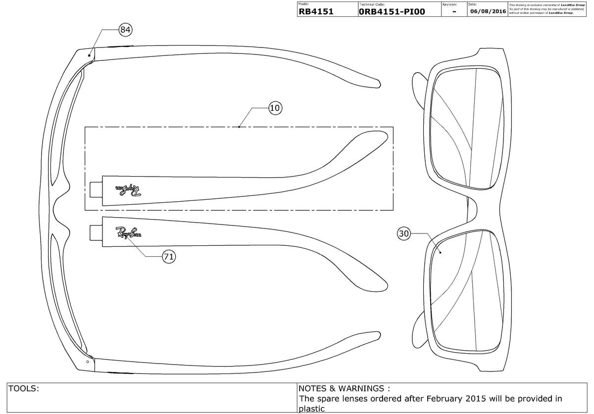 Exploded technical drawing of the Ray-Ban RB4151 Replacement Parts, with each replacement part numbered