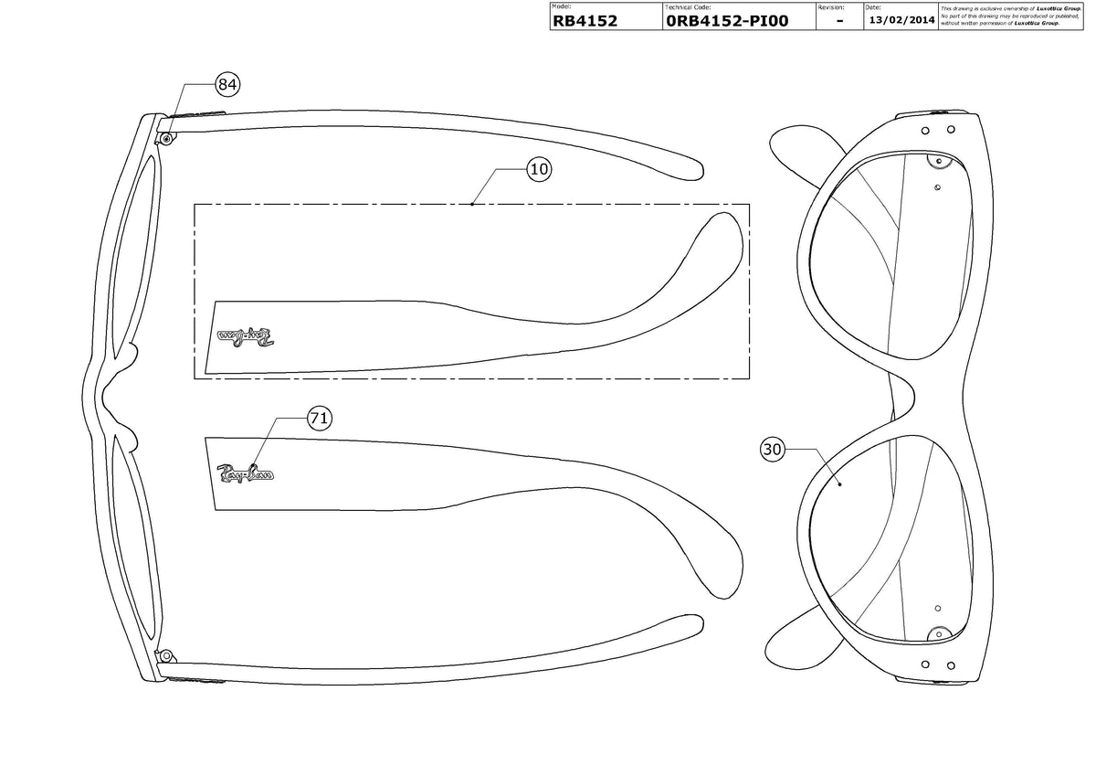 Exploded technical drawing of the Ray-Ban Vagabond RB4152 Replacement Parts, with each replacement part numbered