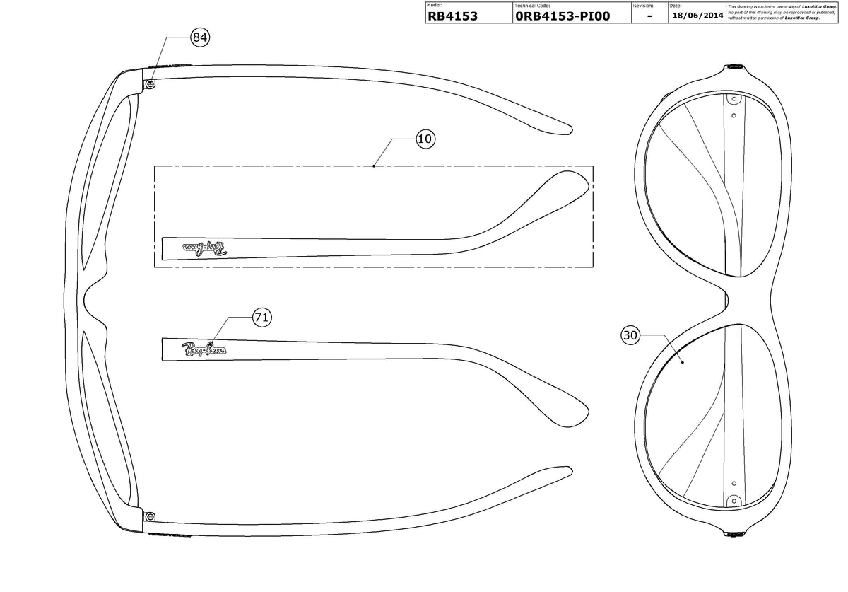 Exploded technical drawing of the Ray-Ban RB4153 Replacement Parts, with each replacement part numbered