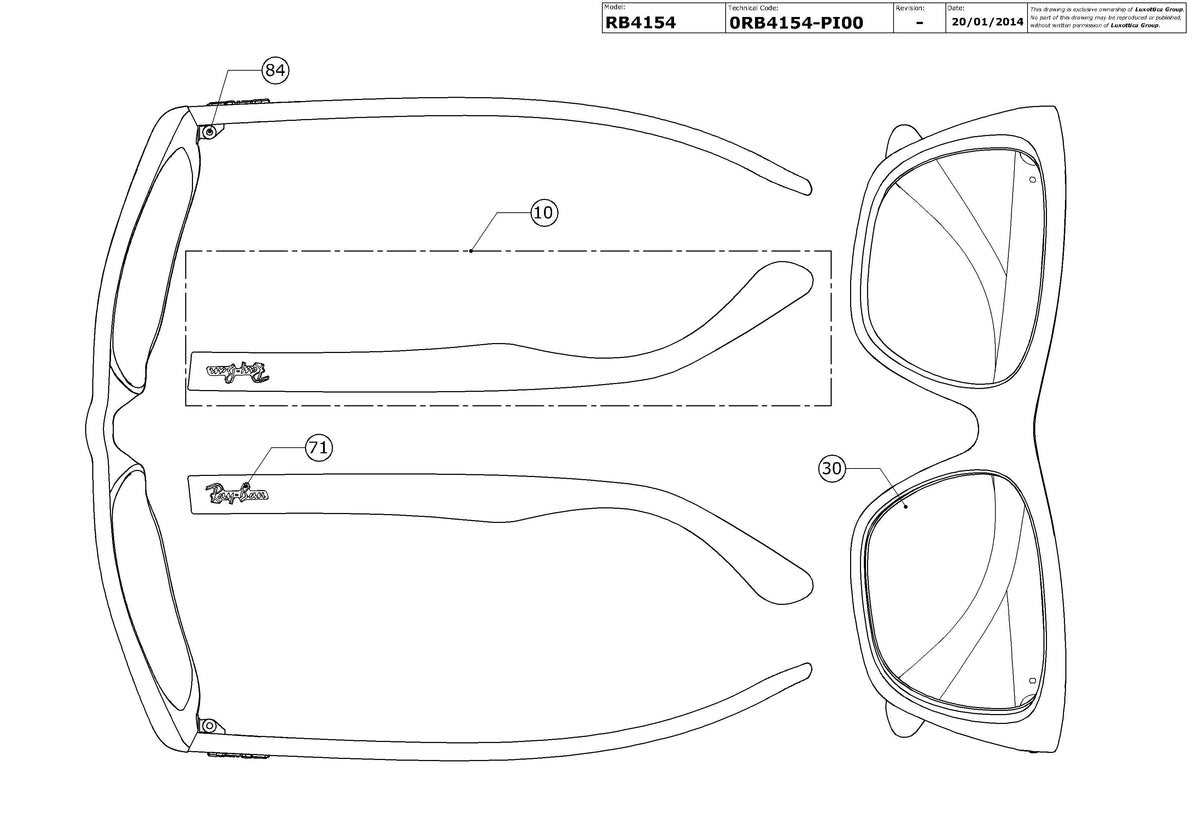 Exploded technical drawing of the Ray-Ban RB4154 Replacement Parts, with each replacement part numbered