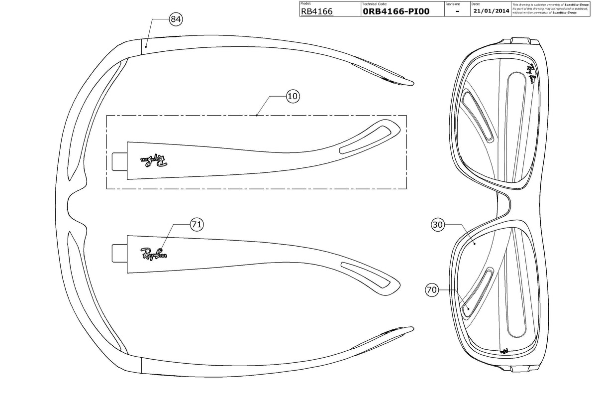Exploded technical drawing of the Ray-Ban RB4166 Replacement Parts, with each replacement part numbered