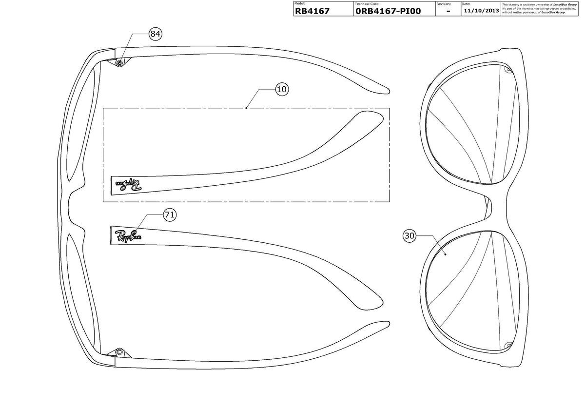 Exploded technical drawing of the Ray-Ban Emma RB4167 Replacement Parts, with each replacement part numbered