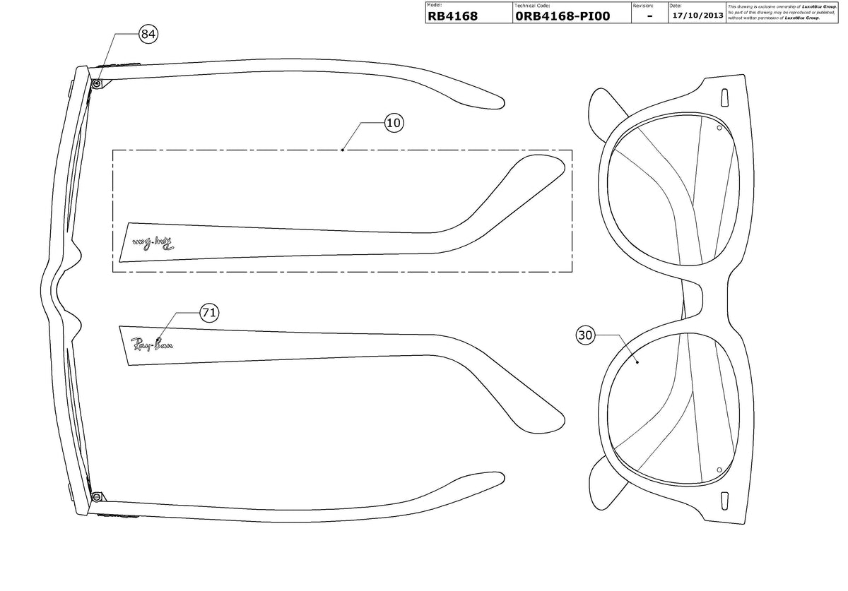 Exploded technical drawing of the Ray-Ban Meteor RB4168 Replacement Parts, with each replacement part numbered