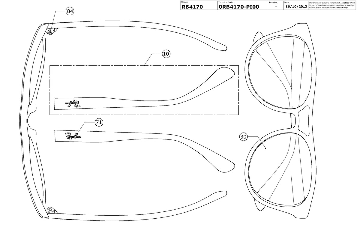 Exploded technical drawing of the Ray-Ban Brad RB4170 Replacement Parts, with each replacement part numbered