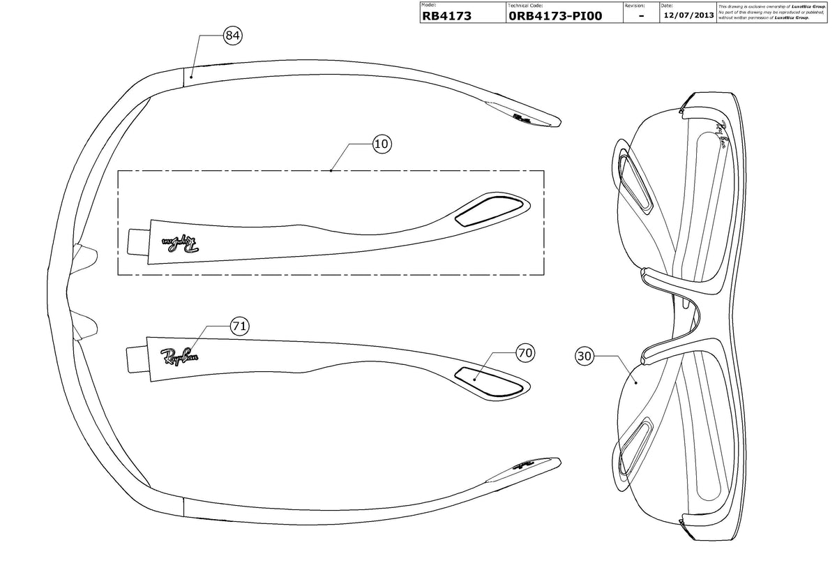Exploded technical drawing of the Ray-Ban RB4173 Replacement Parts, with each replacement part numbered