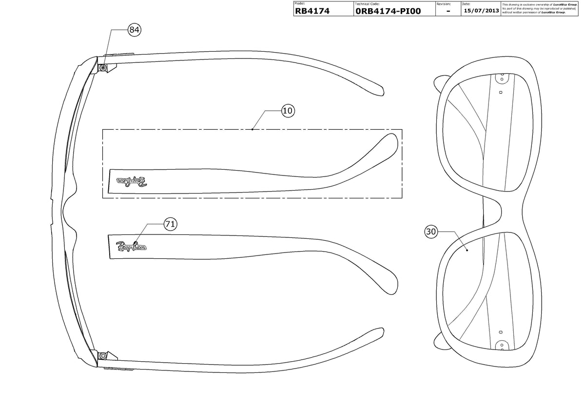 Exploded technical drawing of the Ray-Ban RB4174 Replacement Parts, with each replacement part numbered