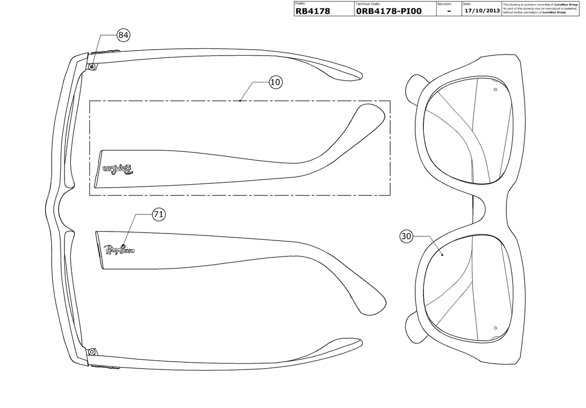 Exploded technical drawing of the Ray-Ban RB4178 Replacement Parts, with each replacement part numbered