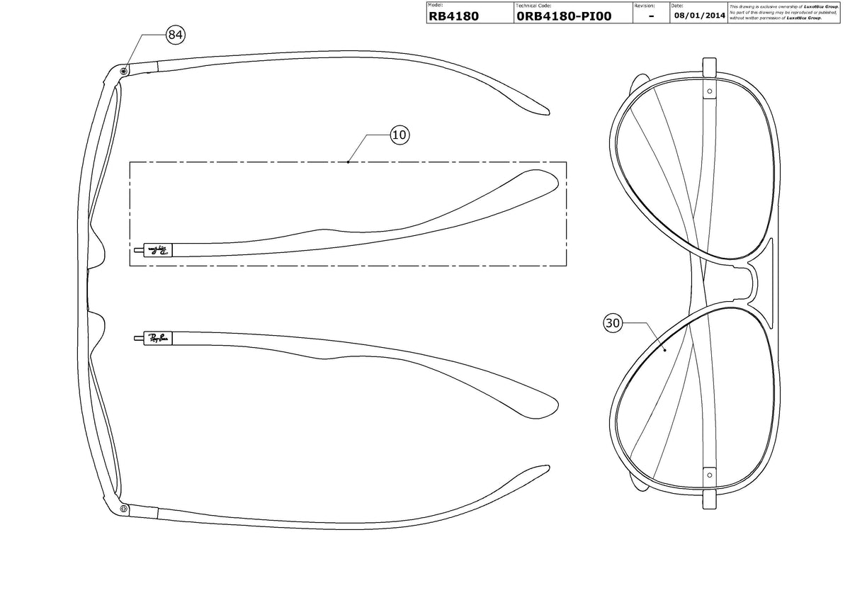 Exploded technical drawing of the Ray-Ban Aviator Liteforce RB4180 Replacement Parts, with each replacement part numbered