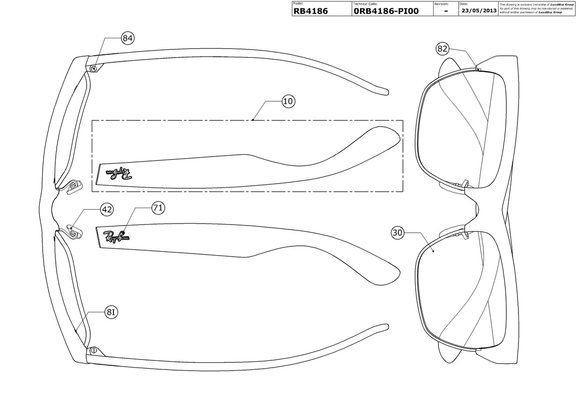 Exploded technical drawing of the Ray-Ban Dylan RB4186 Replacement Parts, with each replacement part numbered