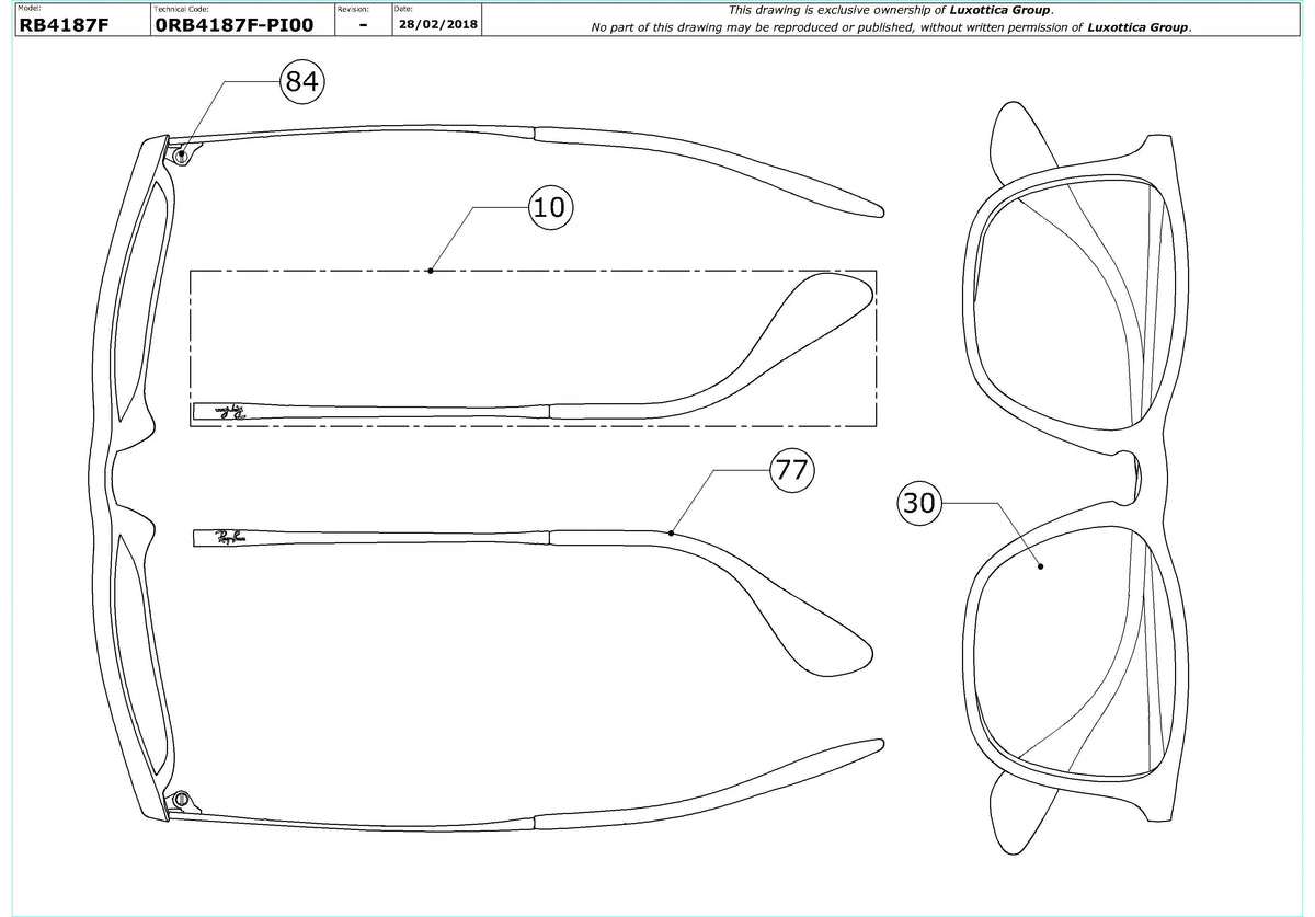 Exploded technical drawing of the Ray-Ban Chris RB4187F Replacement Parts, with each replacement part numbered