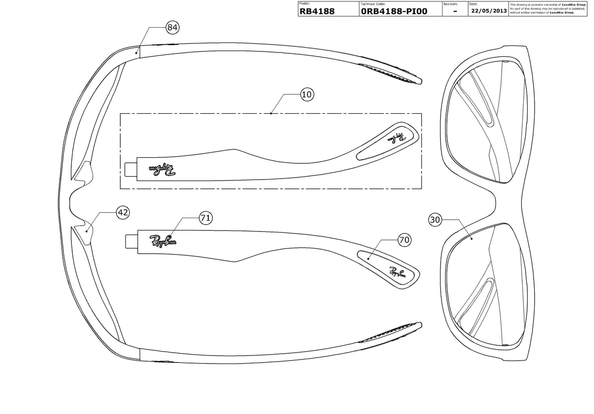 Exploded technical drawing of the Ray-Ban RB4188 Replacement Parts, with each replacement part numbered