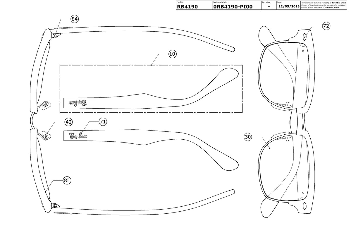 Enlarged technical drawing of the Ray-Ban Clubmaster Square RB4190 Replacement Parts