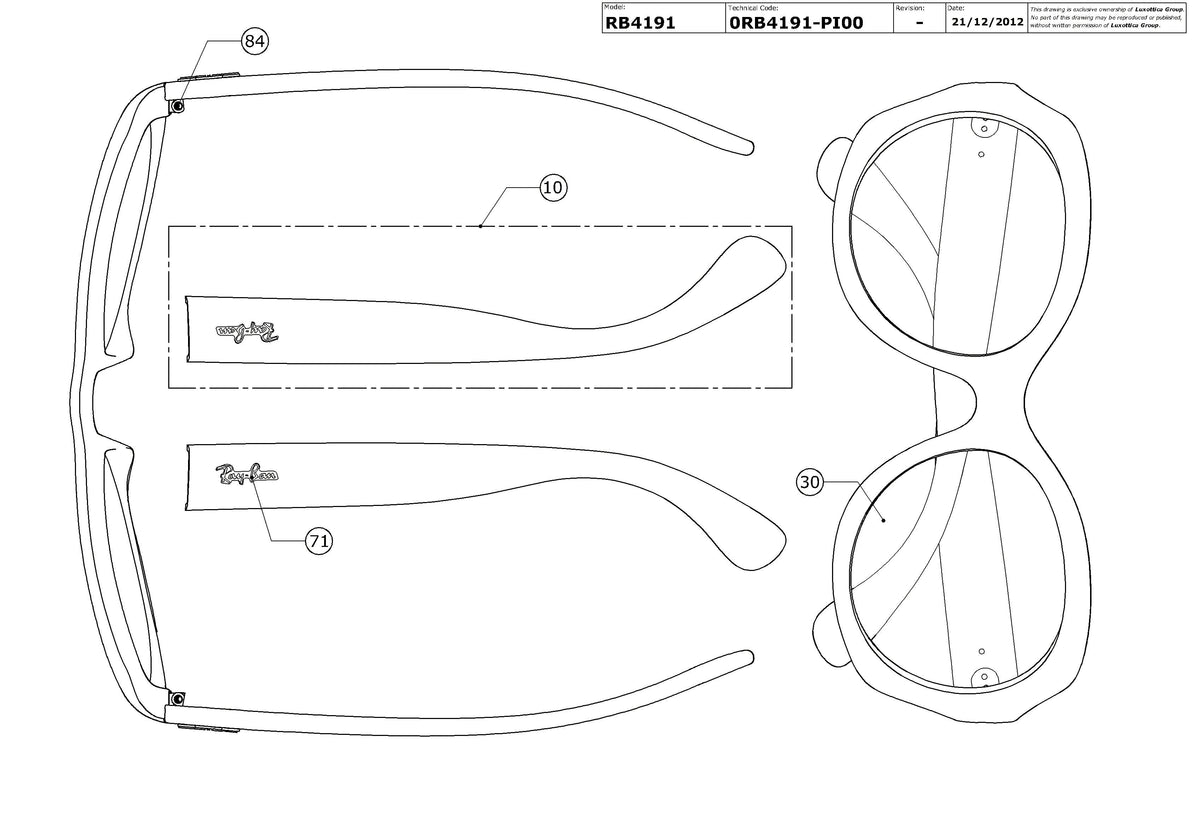 Exploded technical drawing of the Ray-Ban RB4191 Replacement Parts, with each replacement part numbered