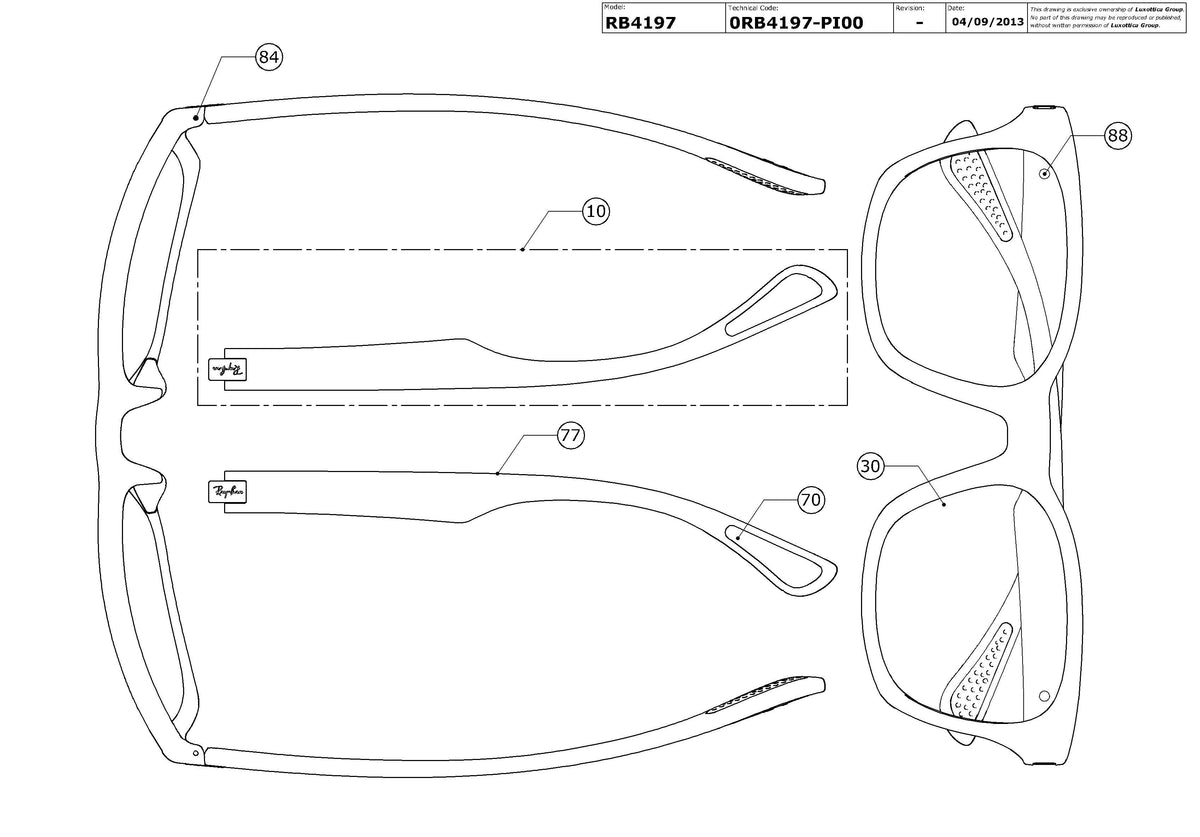 Exploded technical drawing of the Ray-Ban RB4197 Replacement Parts, with each replacement part numbered