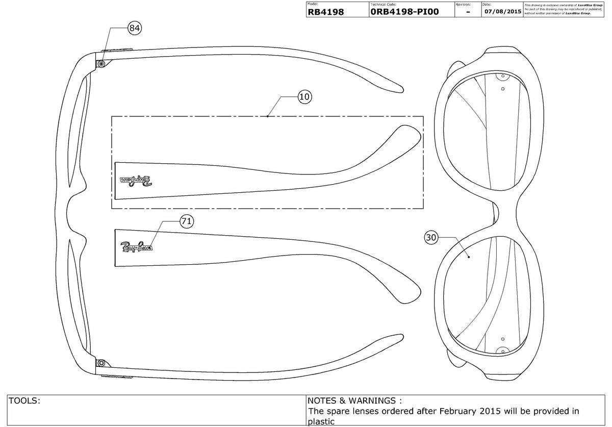 Exploded technical drawing of the Ray-Ban RB4198 Replacement Parts, with each replacement part numbered