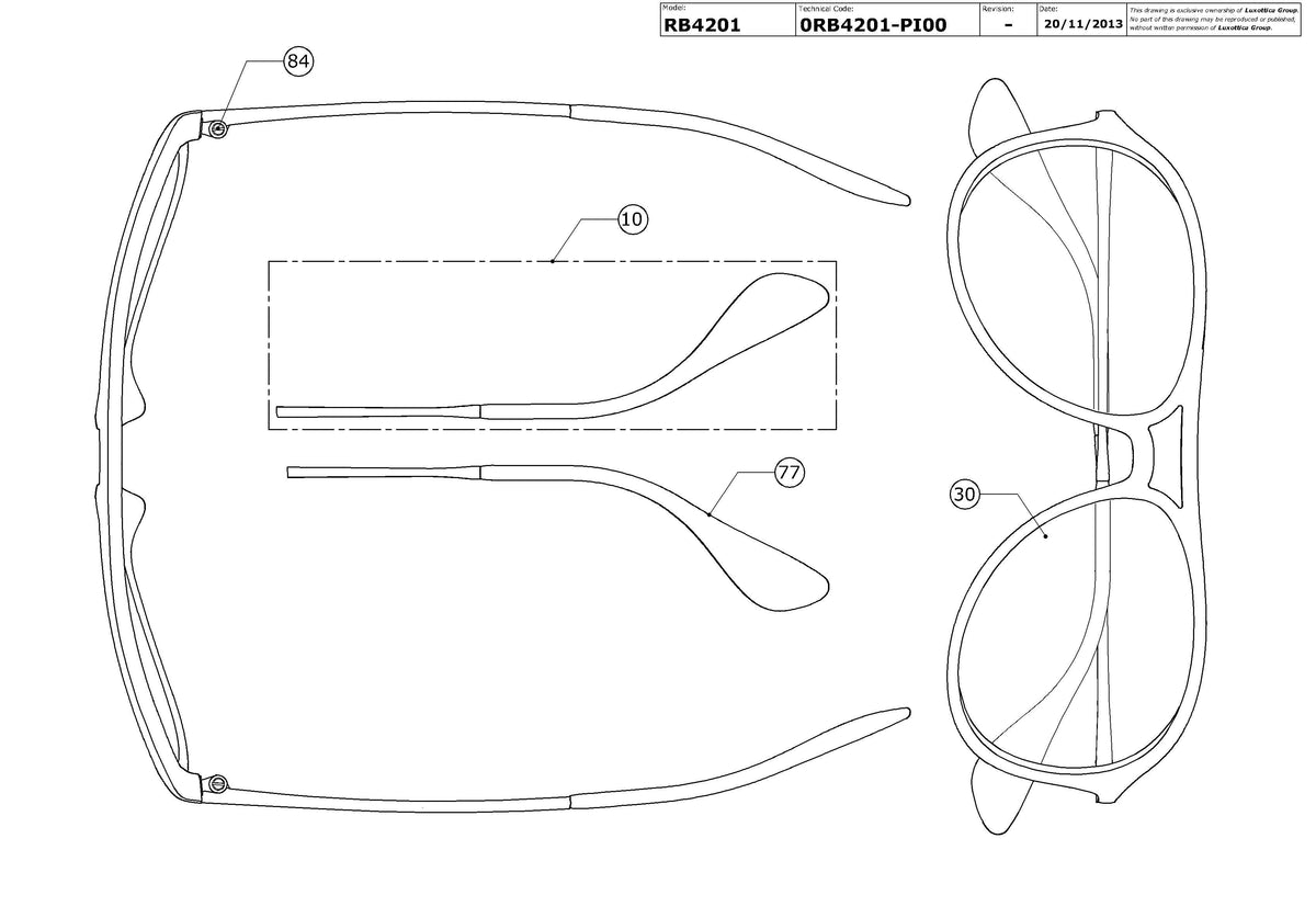 Exploded technical drawing of the Ray-Ban Alex RB4201 Replacement Parts, with each replacement part numbered