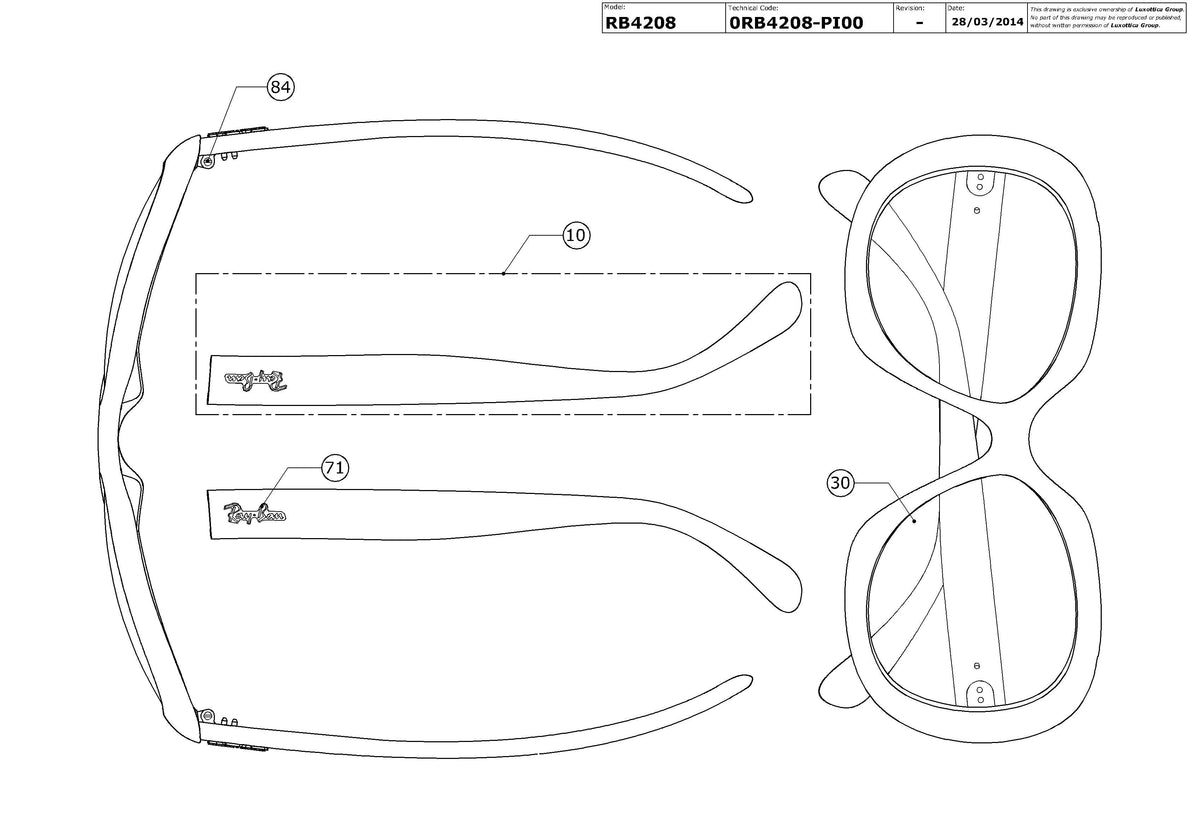 Exploded technical drawing of the Ray-Ban RB4208 Replacement Parts, with each replacement part numbered