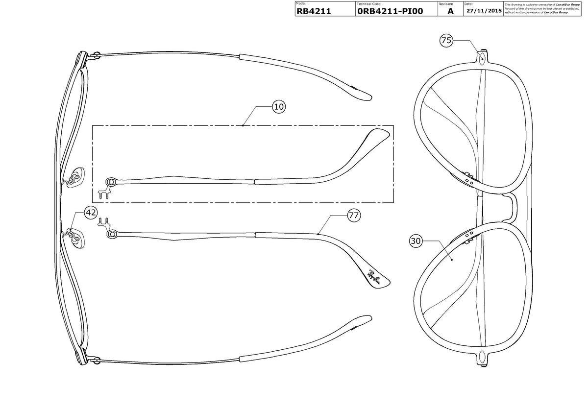Exploded technical drawing of the Ray-Ban RB4211 Replacement Parts, with each replacement part numbered